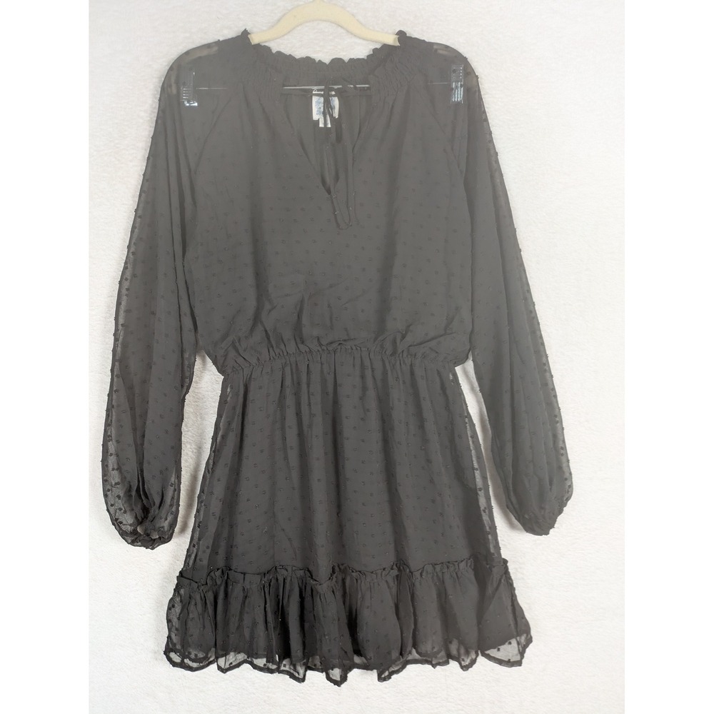 Blue Rain Dress Women's Small Black Swiss Dot Long Sleeve Ruffle V-Neck